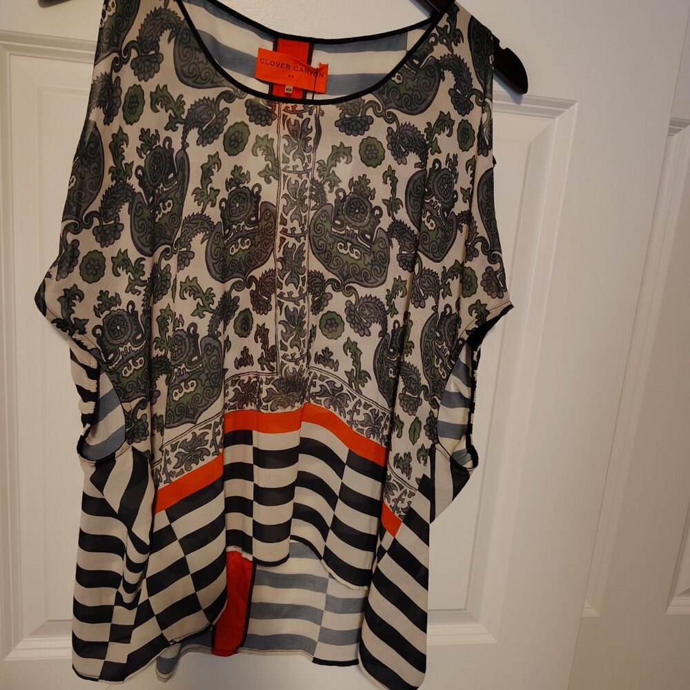 Clover Canyon Blouse Sheer Paisley and Striped Open Shoulder Shirt Tank Top